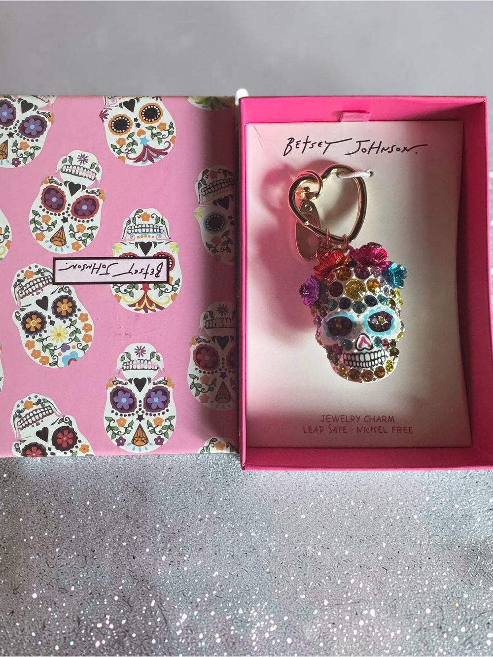 Betsey Johnson Pink Multicolor Crystal Sugar Skull Keyring